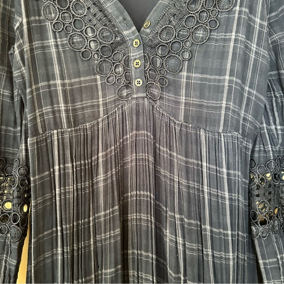 Anthropologie’s Akemi Kin Sz 2 Cottagecore Dress Navy Blue Plaid Codie Lace - Picture 11 of 16